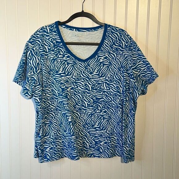 Kim Rogers V-Neck Top Women’s 3Xlarge  Blues White Animal Stripes Short Sleeve - Picture 1 of 9
